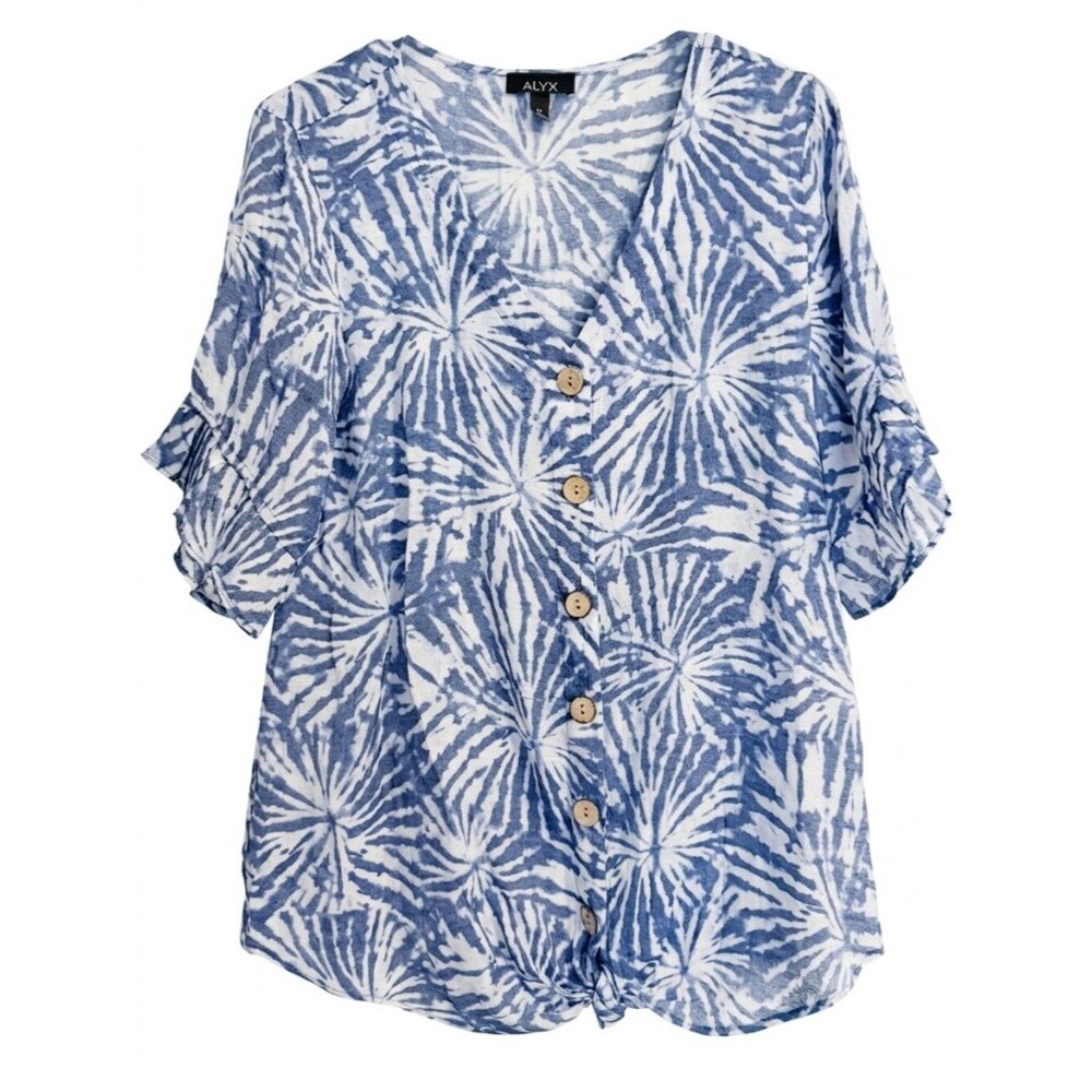 ALYX Blue White Starburst Tie Dye Button Front Tie Hem Blouse Top M